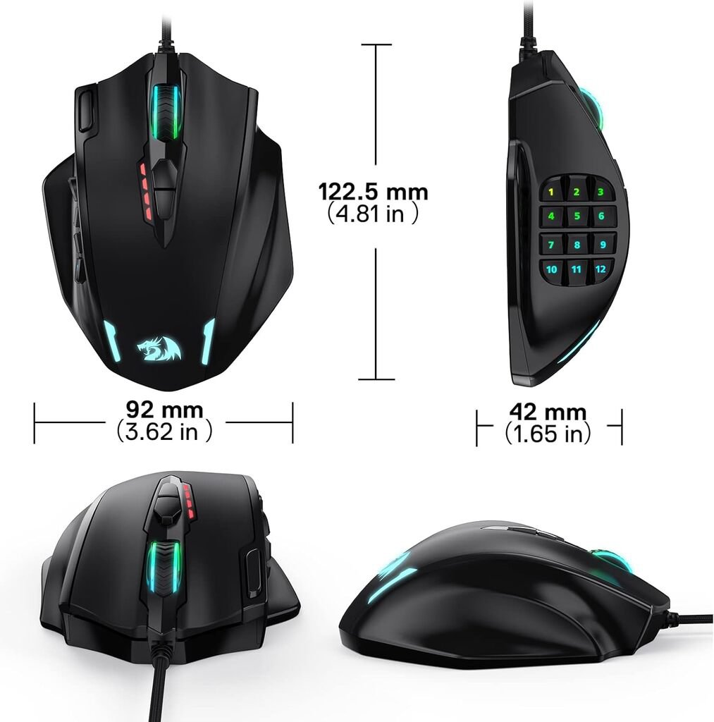 Redragon M908 IMPACT MMO Gaming Mouse up to 12,400 DPI High Precision Mouse for PC, 18 Programmable Buttons, Weight Tuning Cartridge, 12 Side Buttons, 5 programmable user profiles, 16.8 Million Customizing LED Color Option | SKU MOS-M908