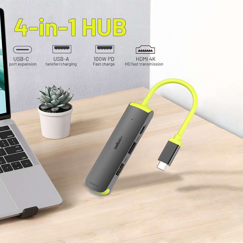 OMNIBARPLUS USB C Hub, 4-in-1 Multiport Adapter with 4K HDMI, 100W PD Charging Ports, 2 X 5Gbps USB 3.0 Ports for MacBook Pro, Air, iPad Pro | SKU OMN-HUB4P