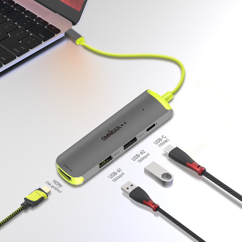 OMNIBARPLUS USB C Hub, 4-in-1 Multiport Adapter with 4K HDMI, 100W PD Charging Ports, 2 X 5Gbps USB 3.0 Ports for MacBook Pro, Air, iPad Pro | SKU OMN-HUB4P