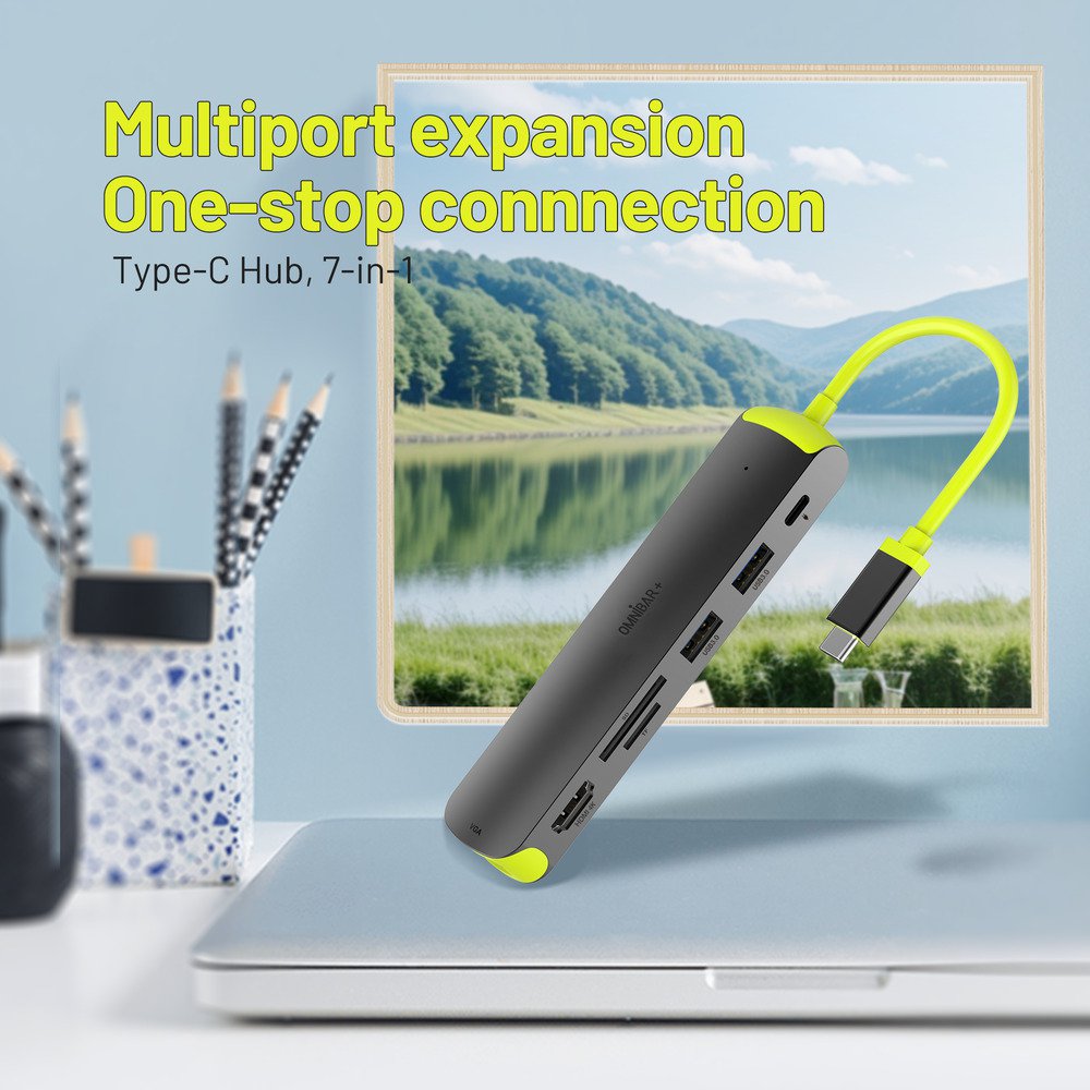 OMNIBARPLUS USB C Hub, 7-in-1 USB C to USB Hub Multiport with 4K HDMI, VGA, SD/TF Card Reader, 2 USB-A 3.0 5Gbps, 100W PD Charging Ports, USB Type C Docking Station for Laptop, MacBook Pro/Air and More | SKU OMN-HUB7P