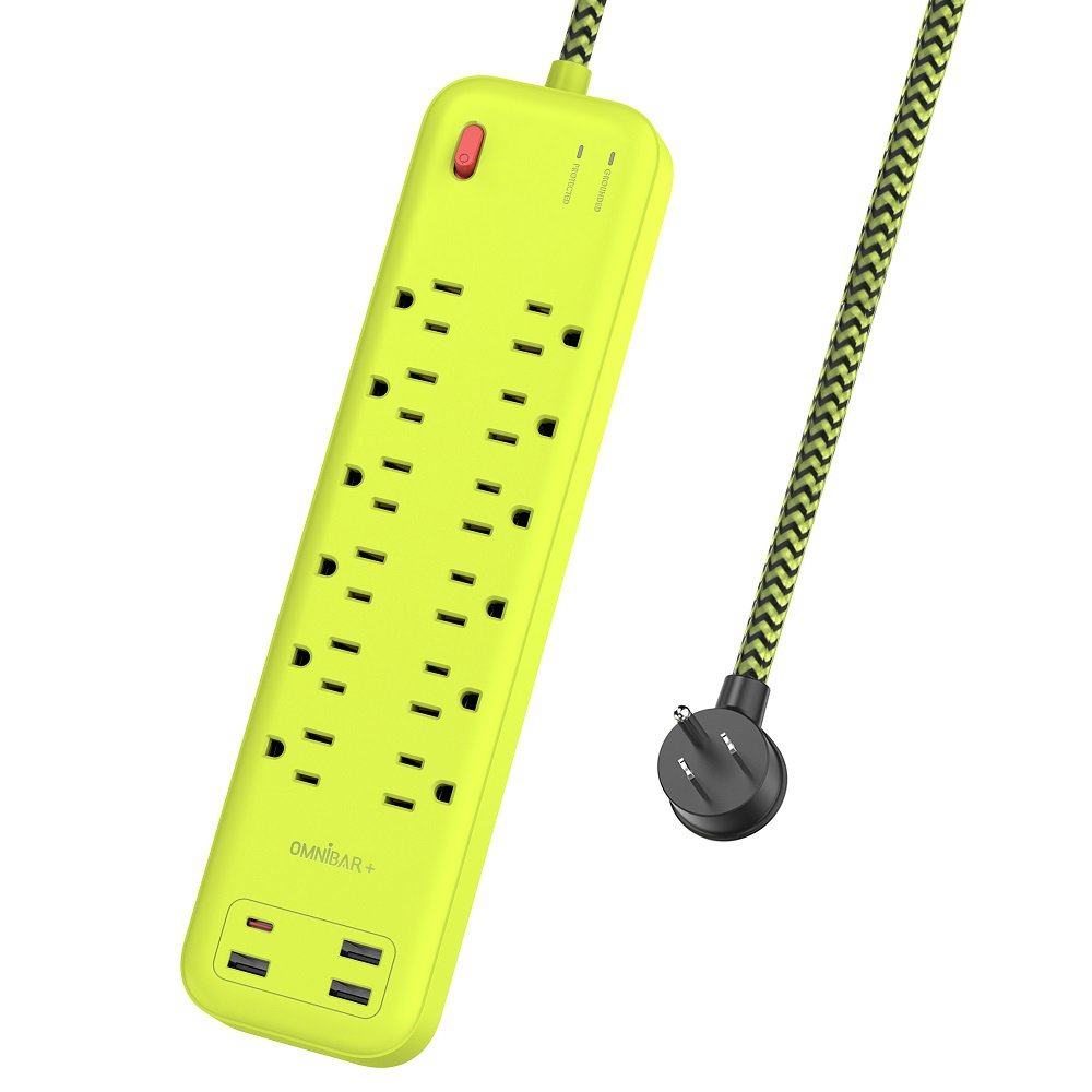 OMNIBARPLUS 6 Ft Power Strip Surge Protector - 12 Outlets 4 USB Ports (3 USB A), Maxpw Ultra Thin Flat Extension Cord & Flat Plug, 3600 Joules, Desk Charging Station for Home Office Dorm (yellow-green) | SKU OMN-PS12AC
