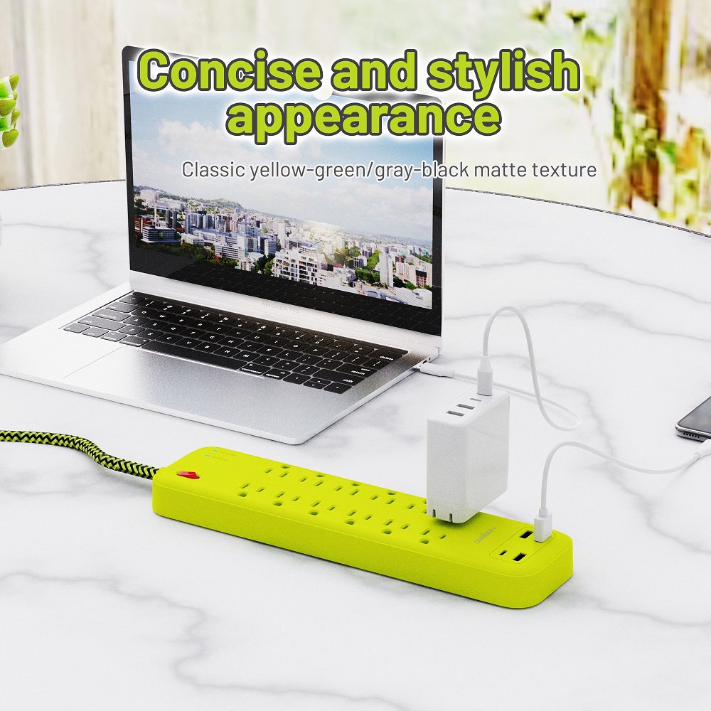 OMNIBARPLUS 6 Ft Power Strip Surge Protector - 12 Outlets 4 USB Ports (3 USB A), Maxpw Ultra Thin Flat Extension Cord & Flat Plug, 3600 Joules, Desk Charging Station for Home Office Dorm (yellow-green) | SKU OMN-PS12AC