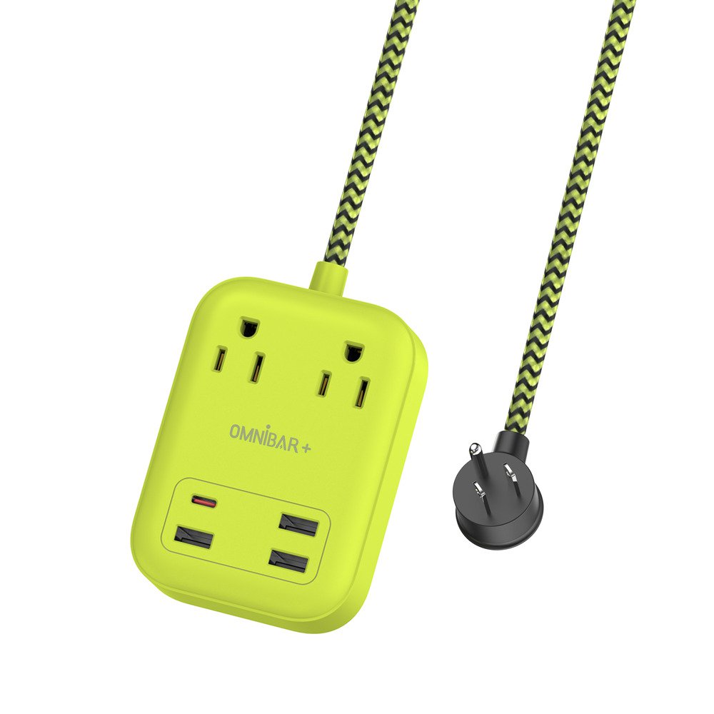OMNIBARPLUS 6 Ft Power Strip Surge Protector - 2 Outlets 4 USB Ports (3 USB A), Maxpw Ultra Thin Flat Extension Cord & Flat Plug, 1700 Joules, Desk Charging Station for Home Office Dorm (yellow-green) | SKU OMN-PS2AC
