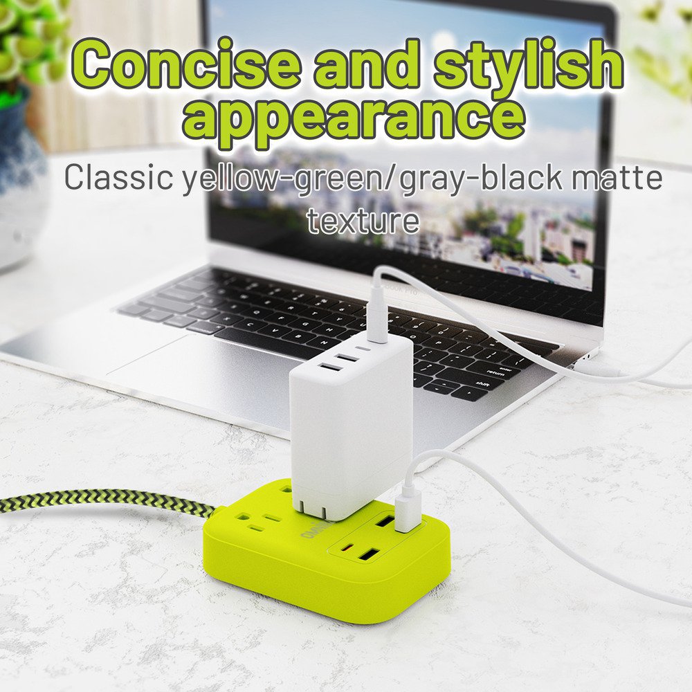 OMNIBARPLUS 6 Ft Power Strip Surge Protector - 2 Outlets 4 USB Ports (3 USB A), Maxpw Ultra Thin Flat Extension Cord & Flat Plug, 1700 Joules, Desk Charging Station for Home Office Dorm (yellow-green) | SKU OMN-PS2AC