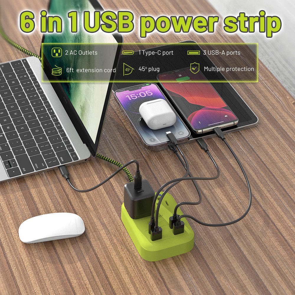 OMNIBARPLUS 6 Ft Power Strip Surge Protector - 2 Outlets 4 USB Ports (3 USB A), Maxpw Ultra Thin Flat Extension Cord & Flat Plug, 1700 Joules, Desk Charging Station for Home Office Dorm (yellow-green) | SKU OMN-PS2AC
