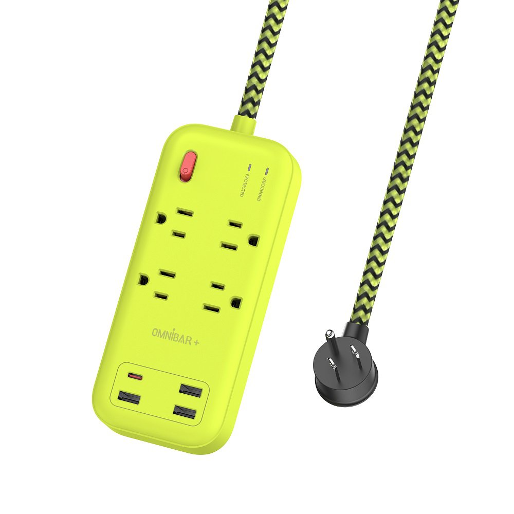 OMNIBARPLUS 6 Ft Power Strip Surge Protector - 4 Outlets 4 USB Ports (3 USB A), Maxpw Ultra Thin Flat Extension Cord & Flat Plug, 1800 Joules, Desk Charging Station for Home Office Dorm (yellow-green) | SKU OMN-PS4AC
