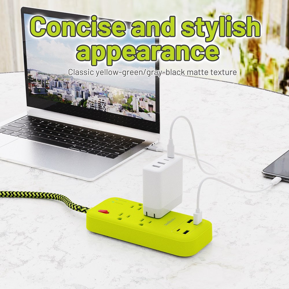 OMNIBARPLUS 6 Ft Power Strip Surge Protector - 4 Outlets 4 USB Ports (3 USB A), Maxpw Ultra Thin Flat Extension Cord & Flat Plug, 1800 Joules, Desk Charging Station for Home Office Dorm (yellow-green) | SKU OMN-PS4AC