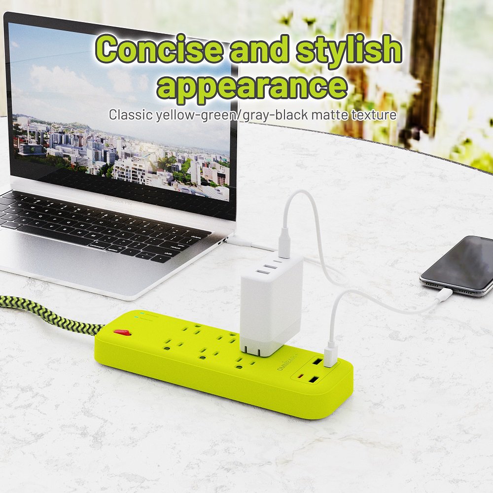 OMNIBARPLUS 6 Ft Power Strip Surge Protector - 6 Outlets 4 USB Ports (3 USB A), Maxpw Ultra Thin Flat Extension Cord & Flat Plug, 3600 Joules, Desk Charging Station for Home Office Dorm (yellow-green) | SKU OMN-PS6AC