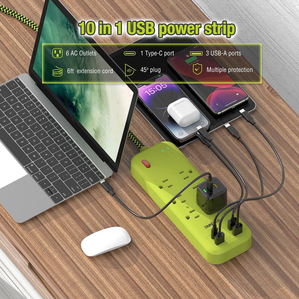 OMNIBARPLUS 6 Ft Power Strip Surge Protector - 6 Outlets 4 USB Ports (3 USB A), Maxpw Ultra Thin Flat Extension Cord & Flat Plug, 3600 Joules, Desk Charging Station for Home Office Dorm (yellow-green) | SKU OMN-PS6AC