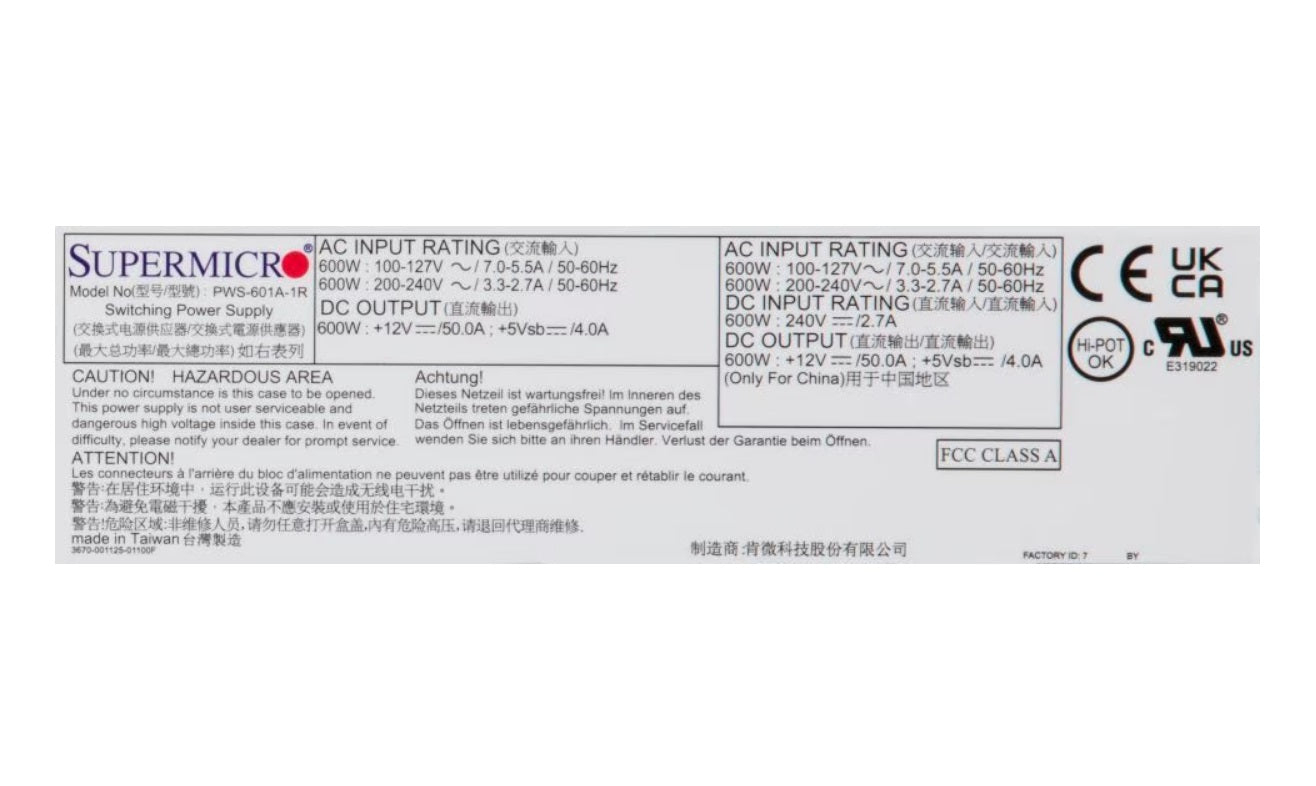 Supermicro 600W 80 Plus Titanium 1U Redundant Power Supply (PWS-601A-1R) | SKU PS-PWS601A