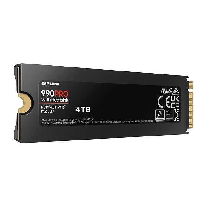 SAMSUNG 990 PRO 4 TB NVME SSD - W/HEATSINK READ SPEED UP TO 7450 MB/S  WRITE SPEED TO UP 6900 MB/S  RANDOM READ UP TO 1400000 IOPS  RANDOM WRITE UP TO 1550000 IOPS/PCIE 4.0 X4  NVME 2.0/ V-NAND 3BIT MLC/ IN-HOUSE CONTROLLER/ 2GB LOW POWER DDR4  1200TBW