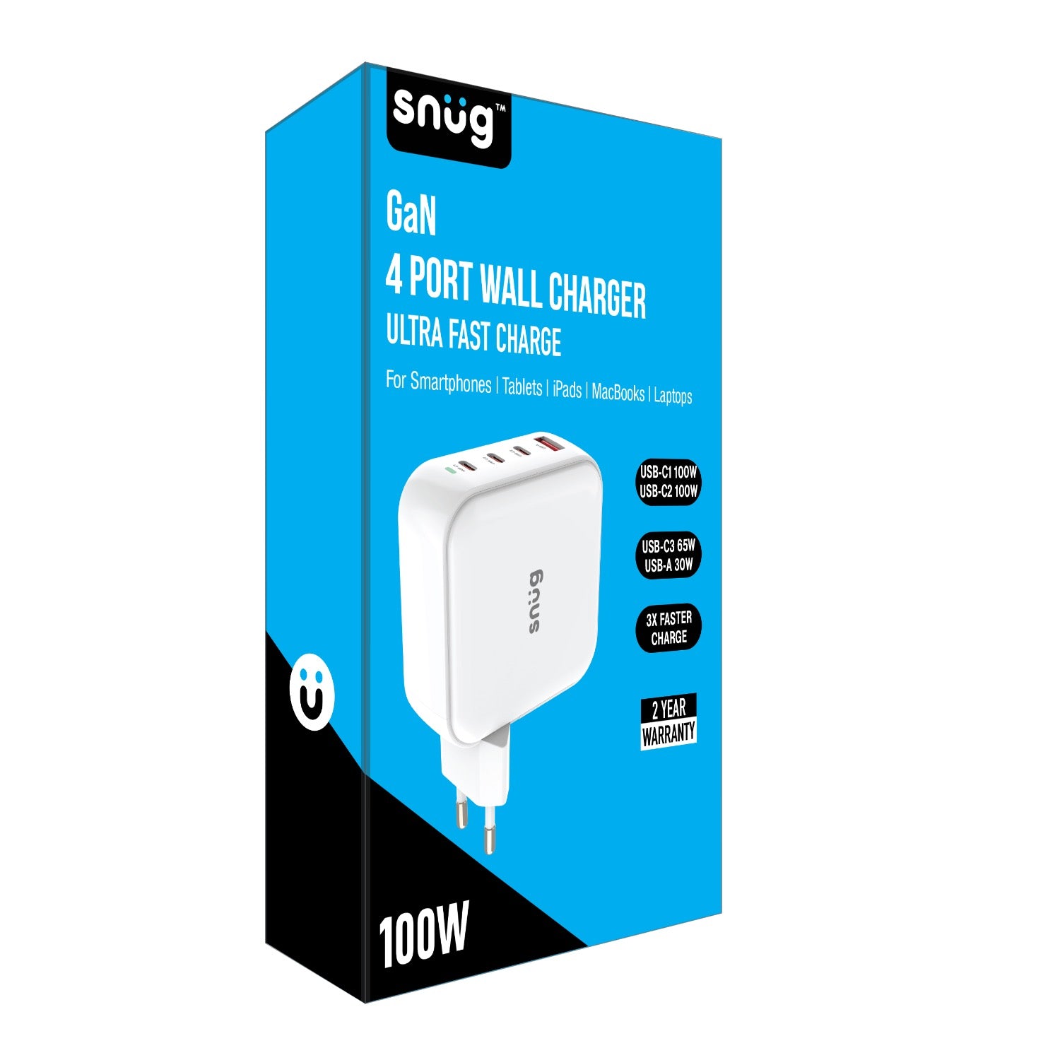 Snug 4 Port PD GaN Wall Charger 100W - White