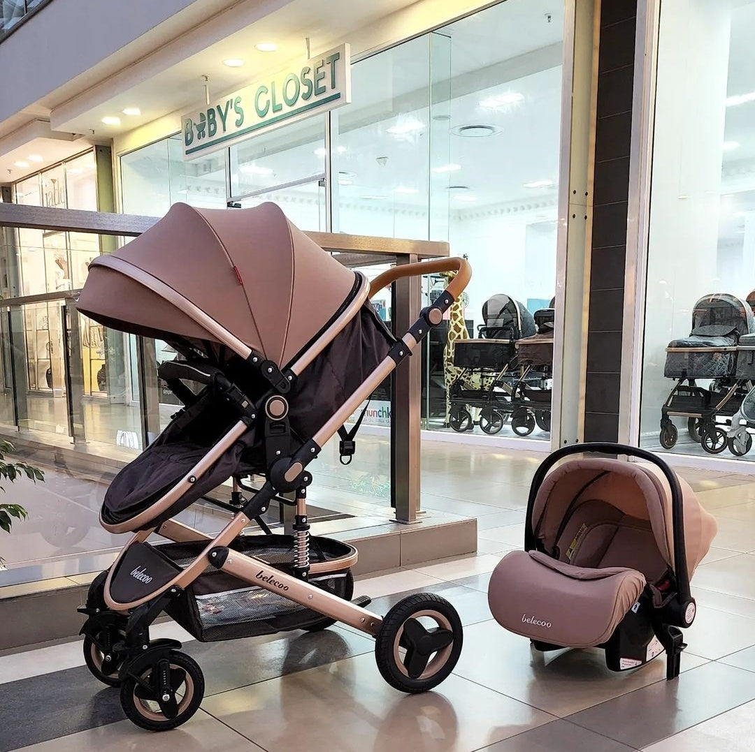 Emerald Baby Sarah Co Sleeper Camp Cot + Belecoo 3 in 1 Stroller Set (Khaaki)