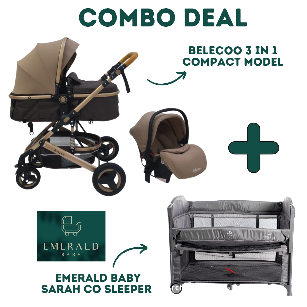 Emerald Baby Sarah Co Sleeper Camp Cot + Belecoo 3 in 1 Stroller Set (Khaaki)