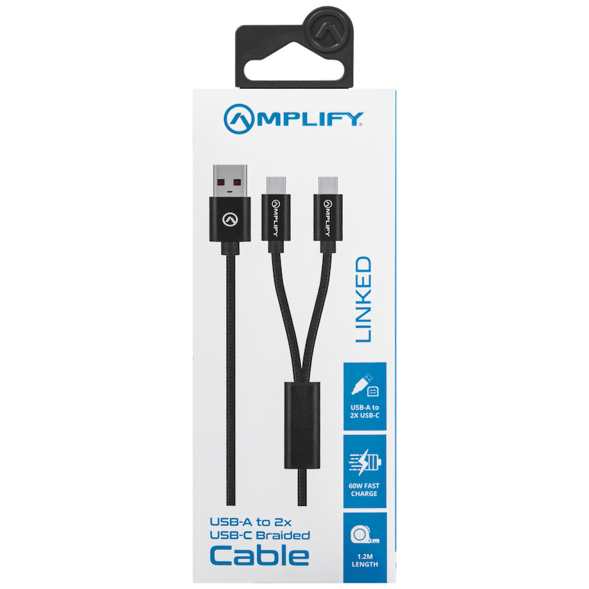 Amplify Amplify Linked Series USB to 2 x USB-C Braided Cable 60W 1.2m - Black