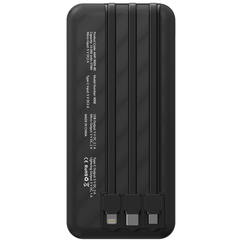 Amplify Mobile Accessories Amplify 10000mAh Power Bank with Integrated Cables - Black