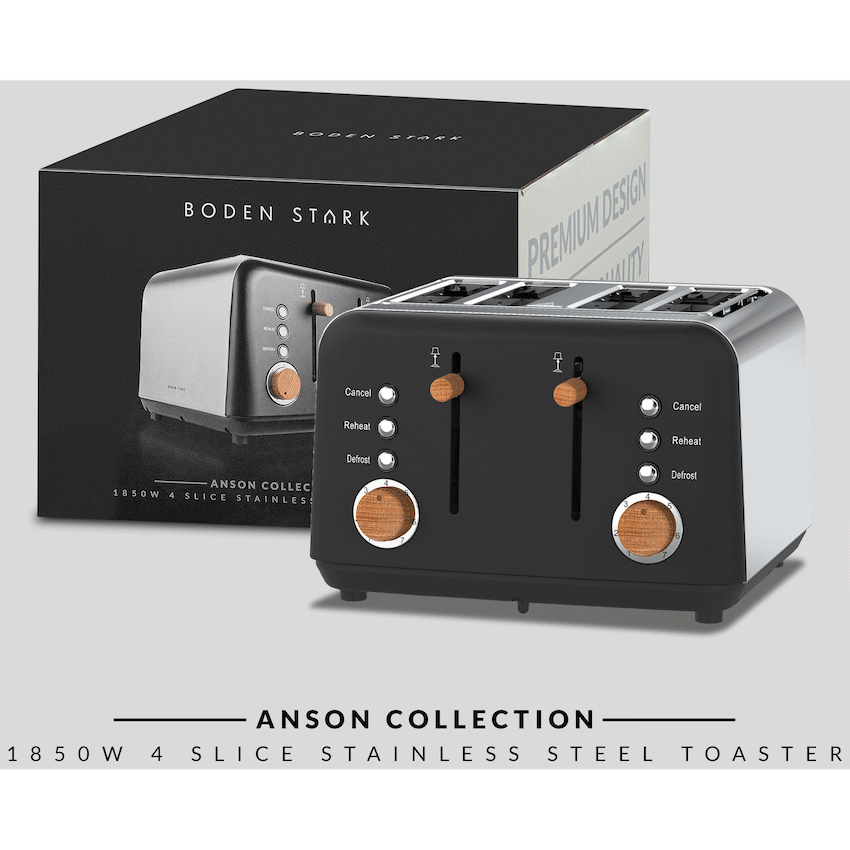 Boden Stark Kitchen and Home Boden Stark Anson Collection 4-Slice Stainless Steel Toaster - Black