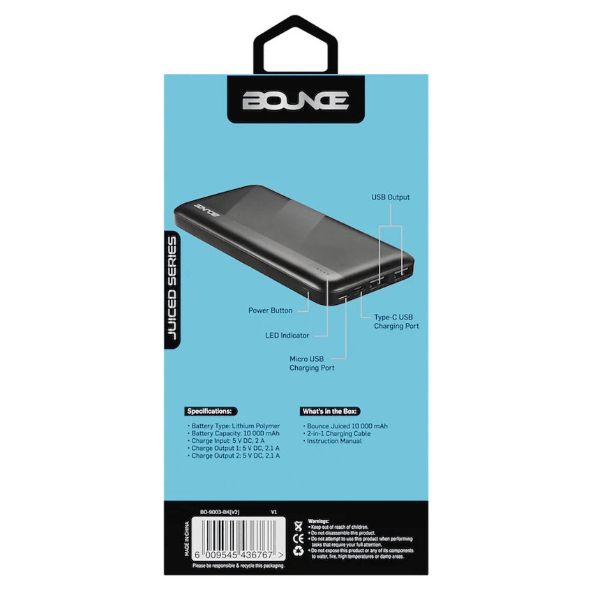 Bounce Mobile Accessories Bounce Juiced Series 10000mah Power Bank - Black