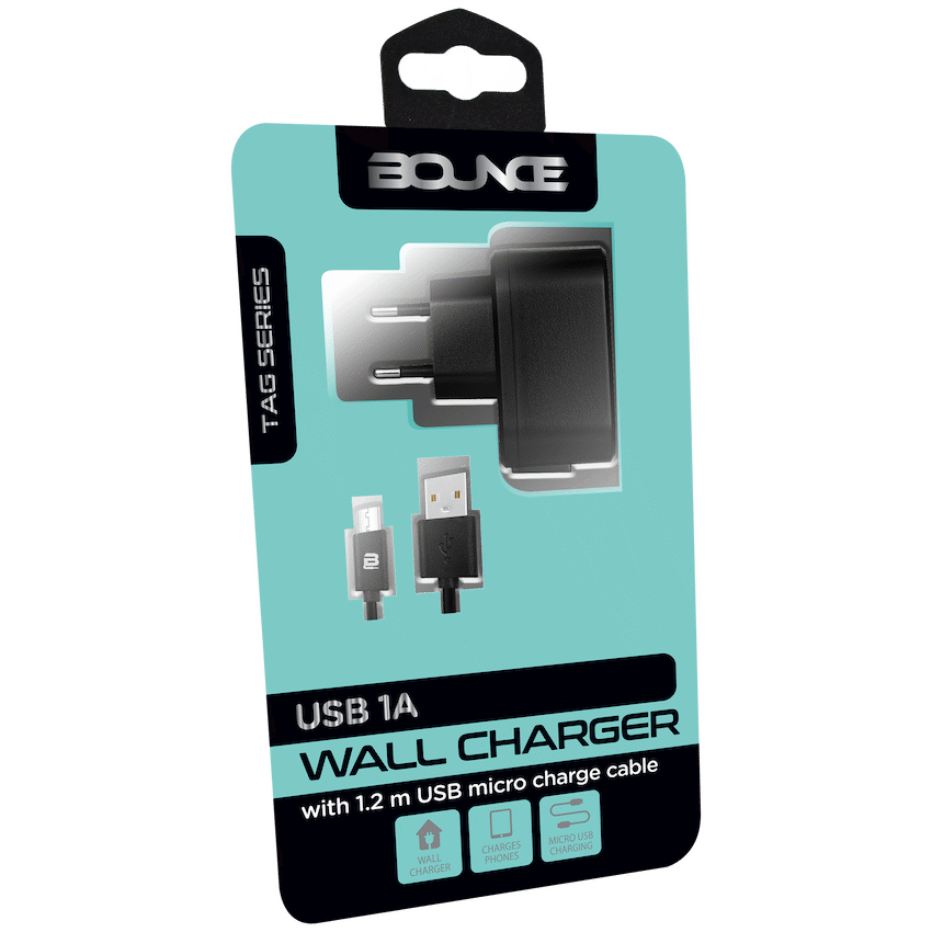 Bounce Mobile Accessories Bounce Tag Series USB 1a Wall Charger with Charge Cable