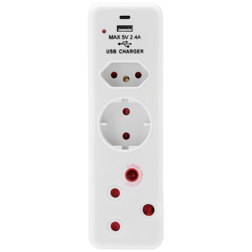 Ellies Electrical Ellies  3 Way Medium Surge adaptor Schuko,with type C + USB