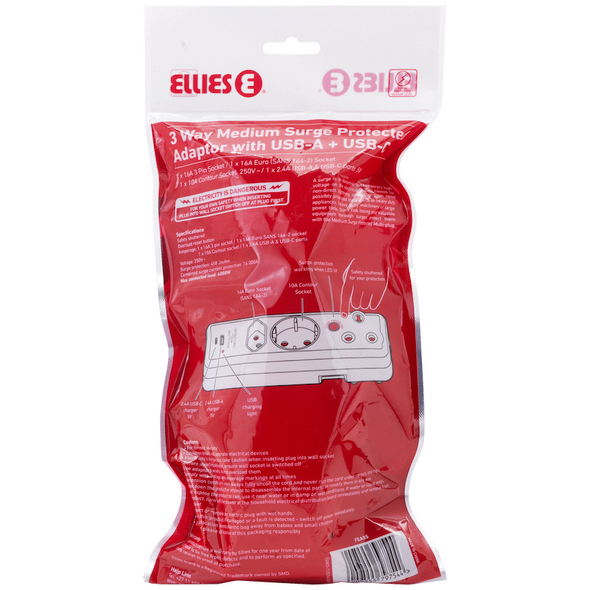 Ellies Electrical Ellies  3 Way Medium Surge adaptor Schuko,with type C + USB