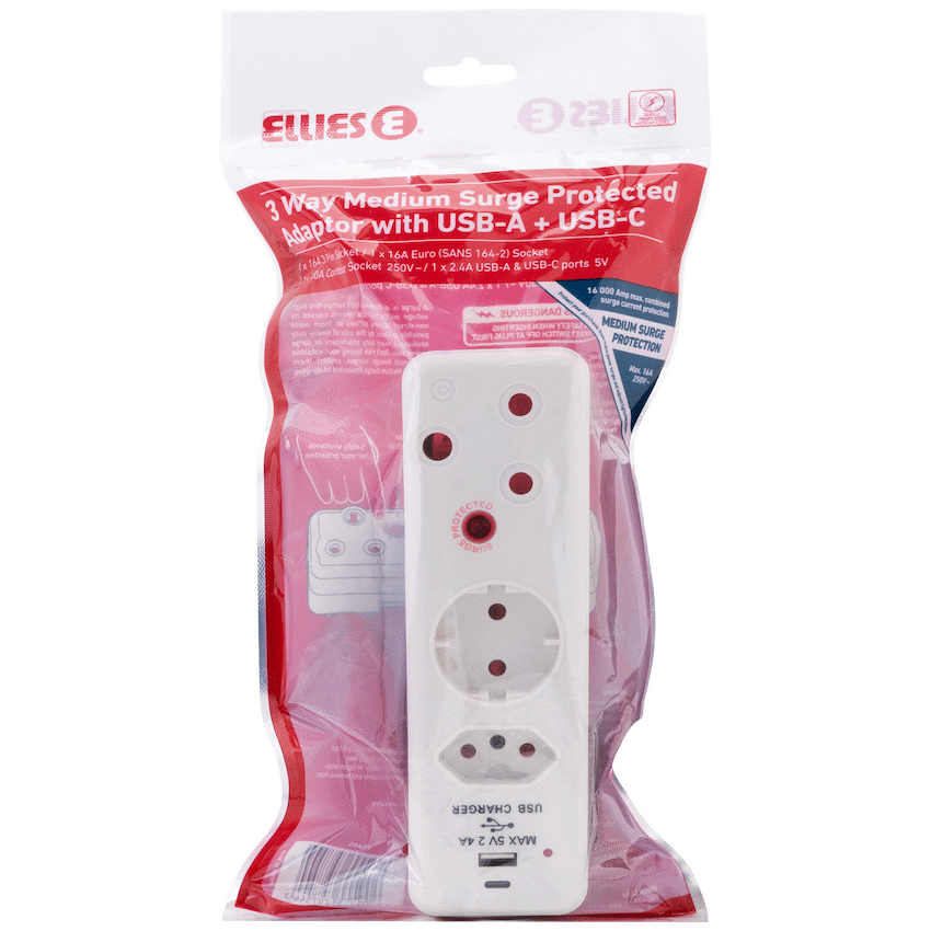 Ellies Electrical Ellies  3 Way Medium Surge adaptor Schuko,with type C + USB