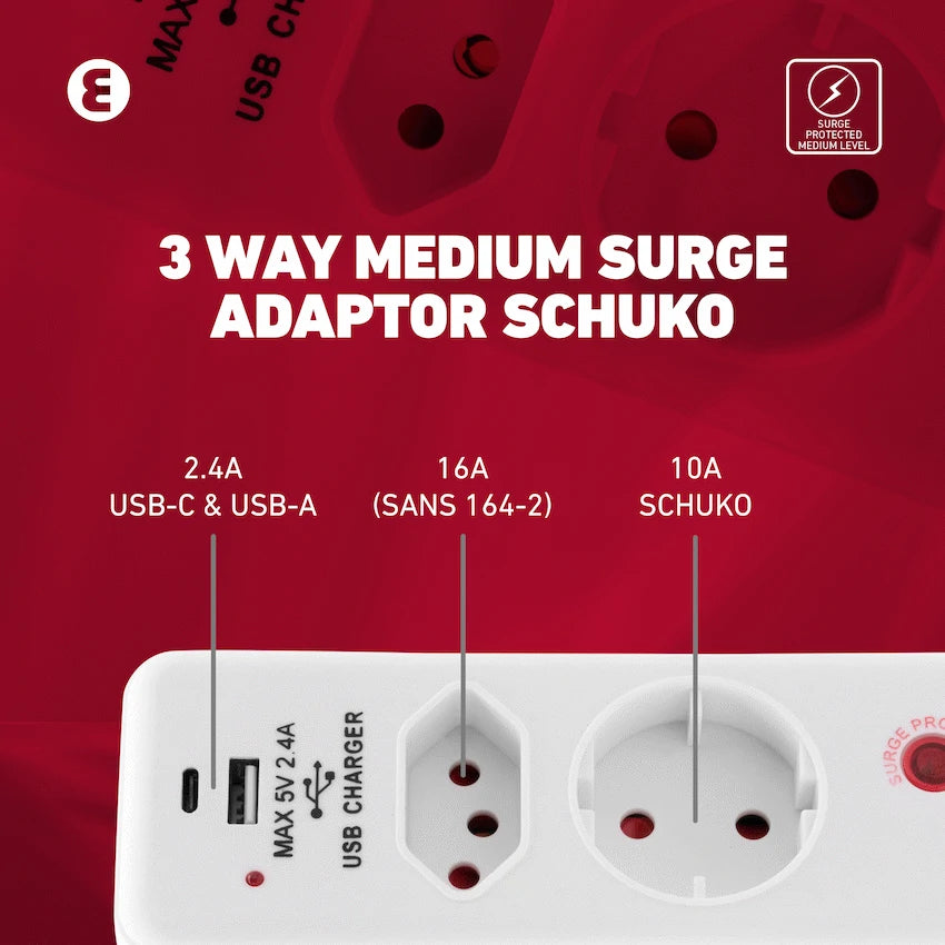 Ellies Electrical Ellies  3 Way Medium Surge adaptor Schuko,with type C + USB
