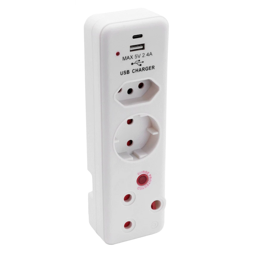 Ellies Electrical Ellies  3 Way Medium Surge adaptor Schuko,with type C + USB