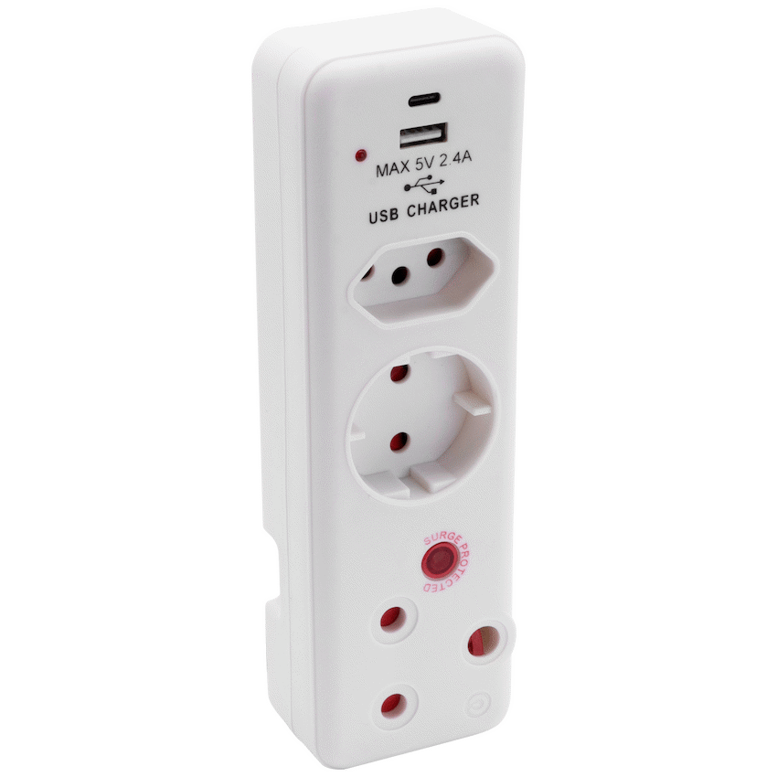 Ellies Electrical Ellies  3 Way Medium Surge adaptor Schuko,with type C + USB