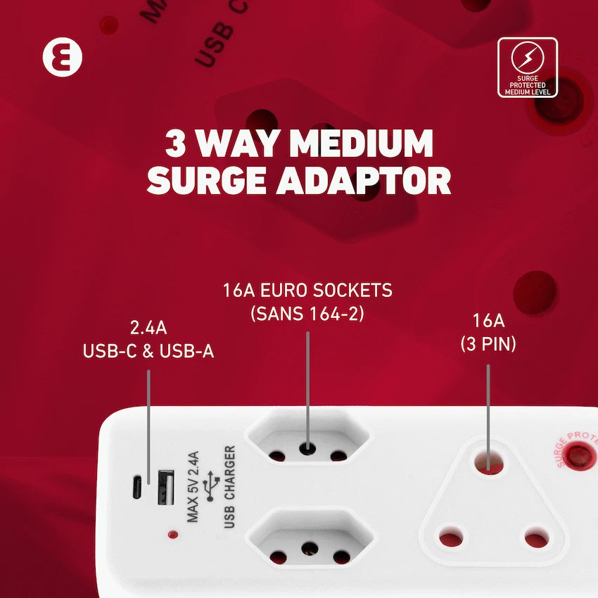 Ellies Electrical Ellies 3 Way Medium Surge Adaptor with Type C + USB - White