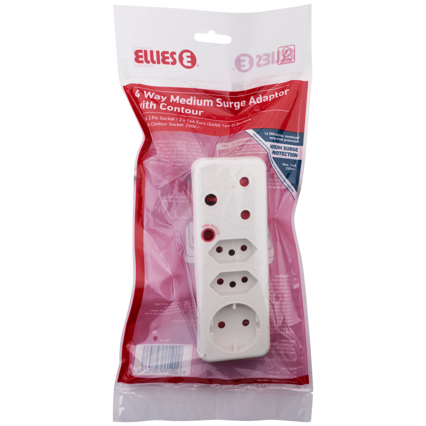 Ellies Electrical Ellies 4-Way Medium Surge Adaptor with Schuko - White