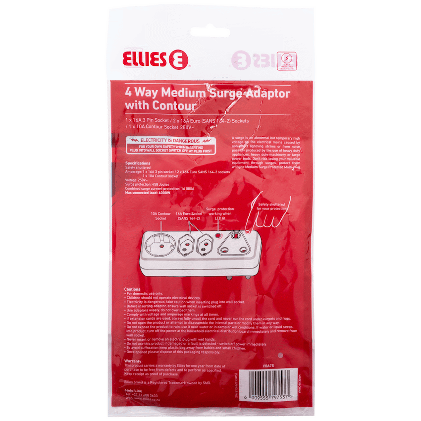 Ellies Electrical Ellies 4-Way Medium Surge Adaptor with Schuko - White