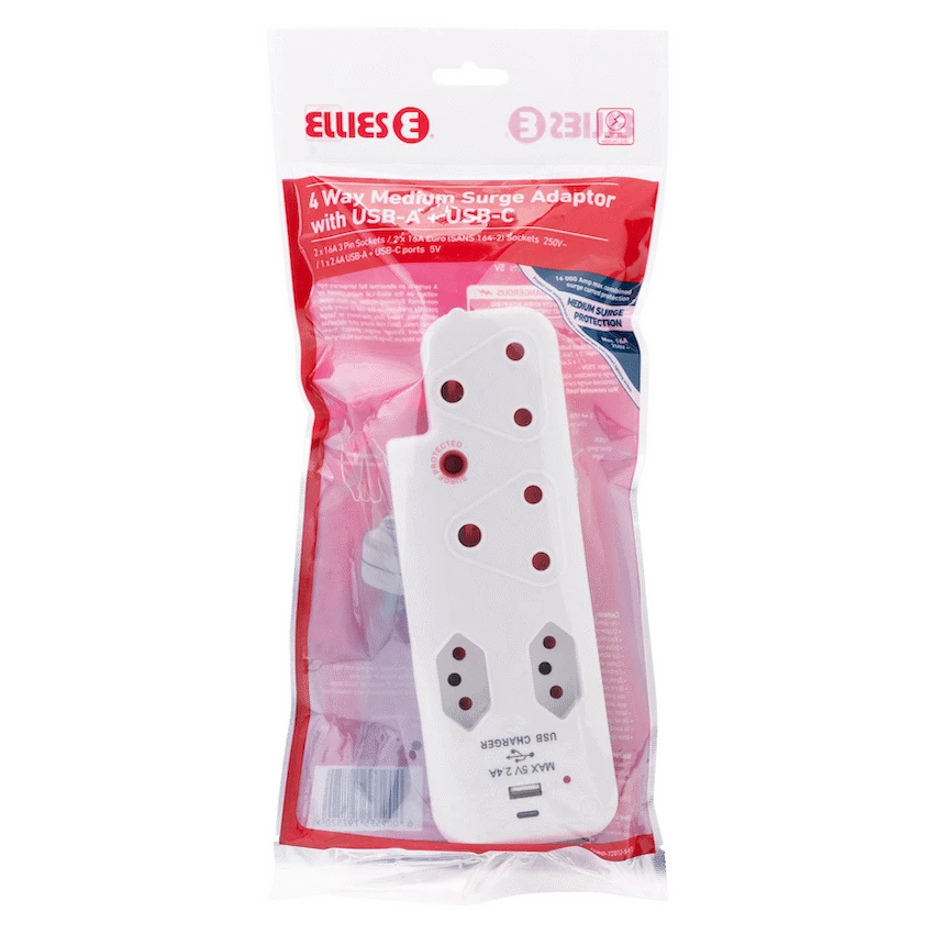 Ellies Electrical Ellies  4 Way Medium Surge adaptor with type C + USB