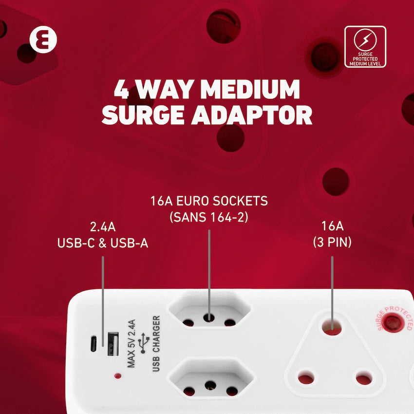 Ellies Electrical Ellies  4 Way Medium Surge adaptor with type C + USB