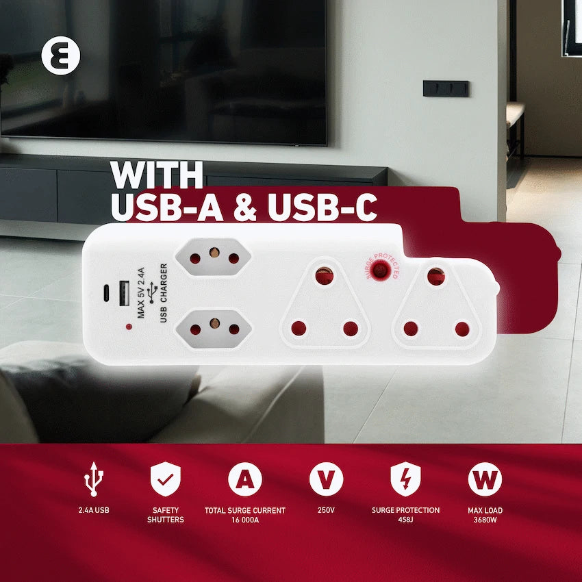 Ellies Electrical Ellies  4 Way Medium Surge adaptor with type C + USB