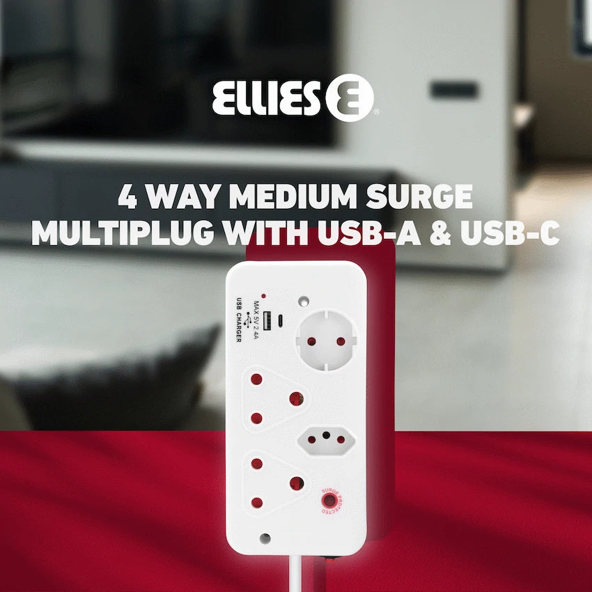 Ellies Electrical Ellies 4-Way Medium Surge Multiplug with USB-A+USB-C 0.5m