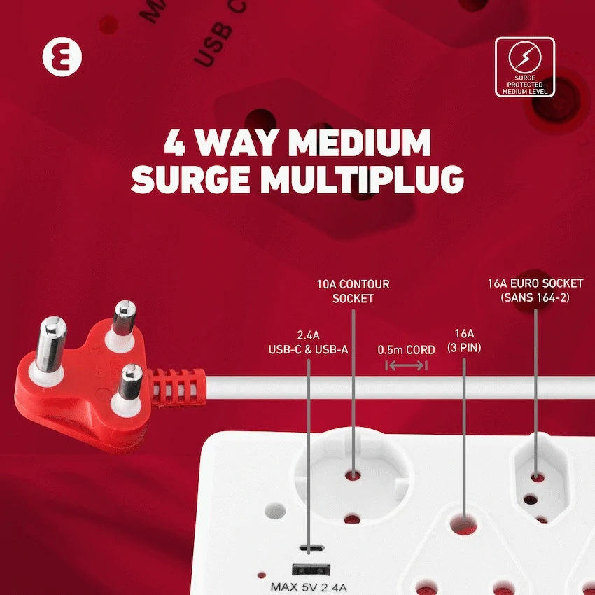 Ellies Electrical Ellies 4-Way Medium Surge Multiplug with USB-A+USB-C 0.5m