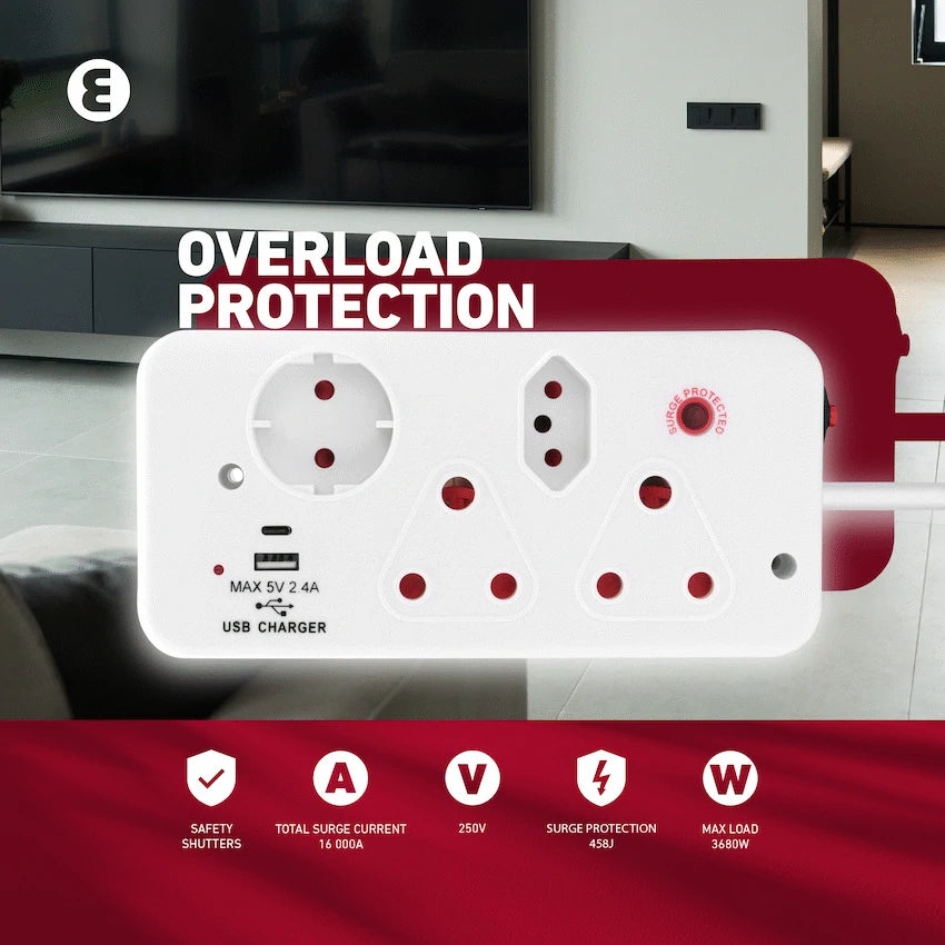 Ellies Electrical Ellies 4-Way Medium Surge Multiplug with USB-A+USB-C 0.5m