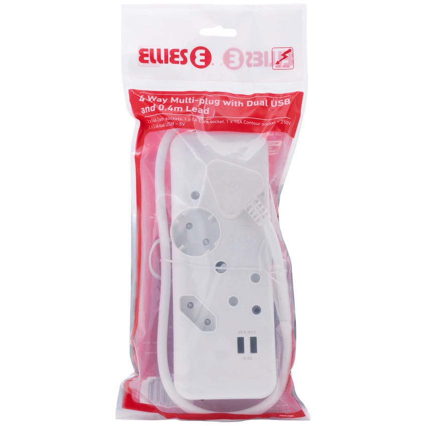 Ellies Electrical Ellies 4-Way Multiplug - 2 x USB 2.4a - 0.4m