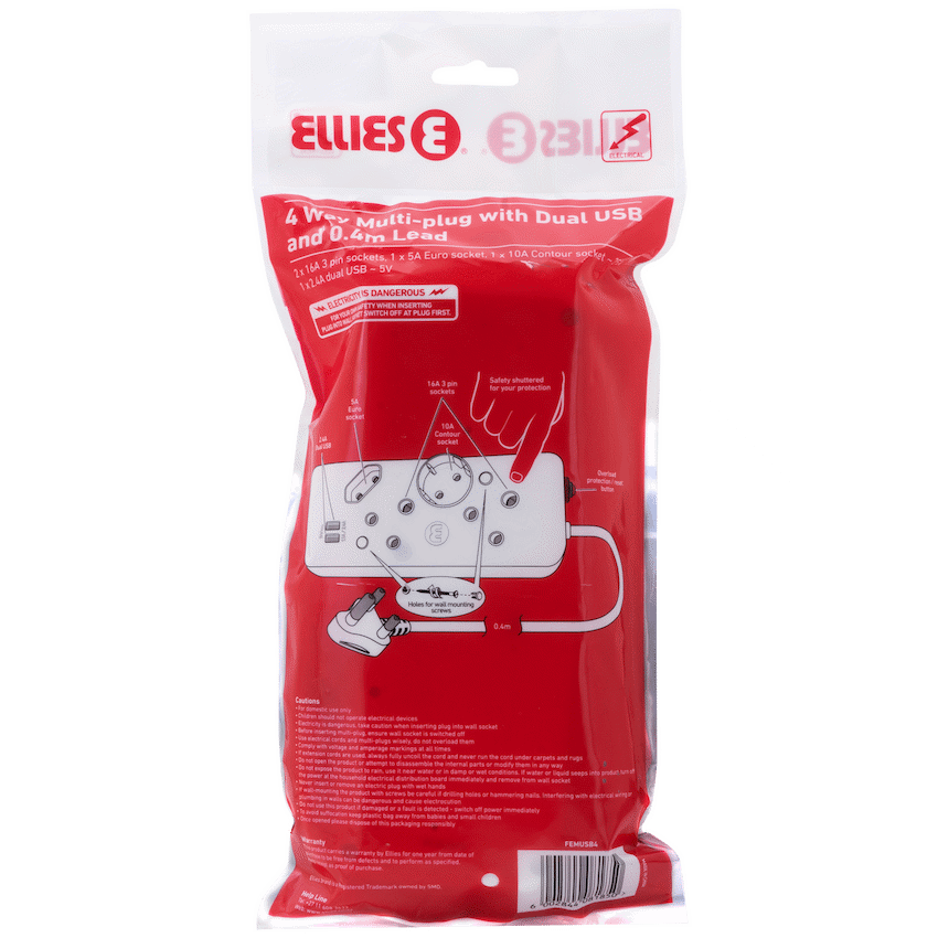 Ellies Electrical Ellies 4-Way Multiplug - 2 x USB 2.4a - 0.4m