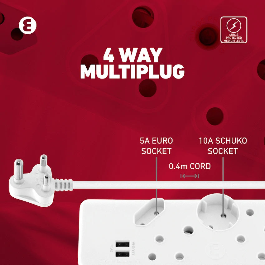 Ellies Electrical Ellies 4-Way Multiplug - 2 x USB 2.4a - 0.4m
