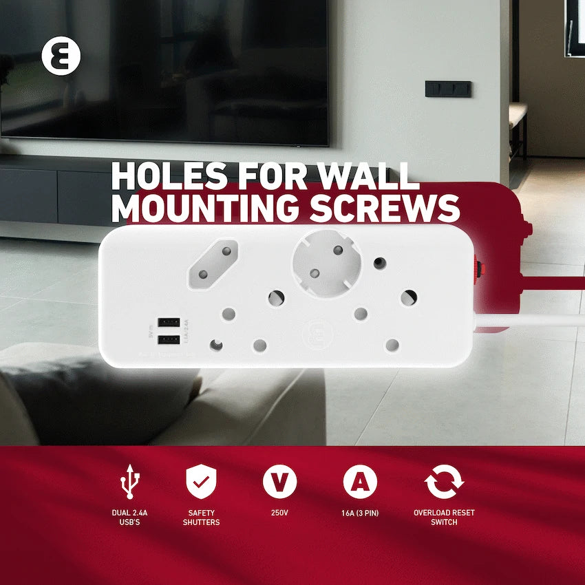 Ellies Electrical Ellies 4-Way Multiplug - 2 x USB 2.4a - 0.4m