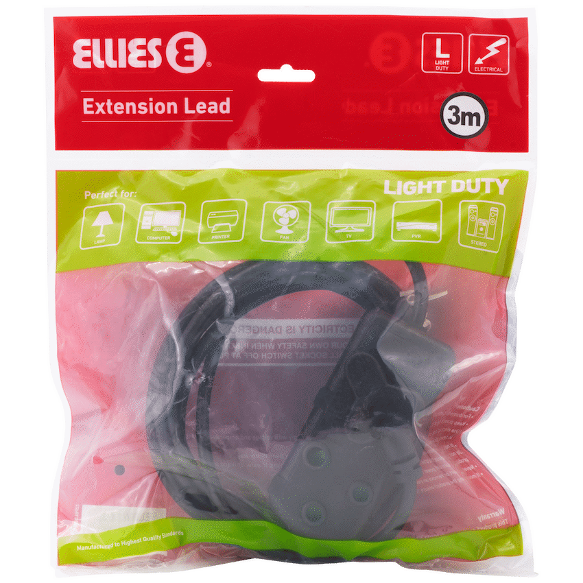 Ellies Electrical Ellies Side-by-Side Light-Duty Extension Lead - 3m - Black