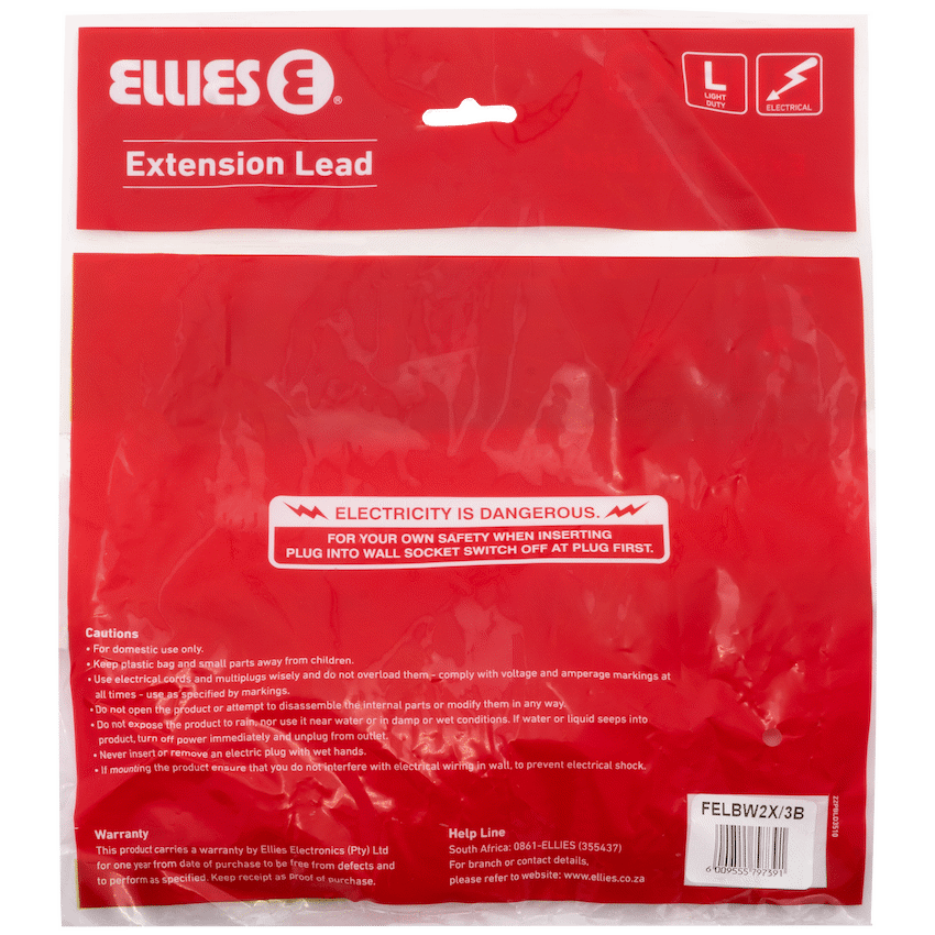 Ellies Electrical Ellies Side-by-Side Light-Duty Extension Lead - 3m - Black
