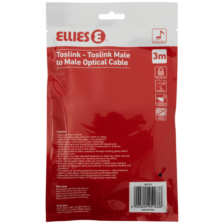 Ellies Televisions TOSLINK Male to TOSLINK Male 3m