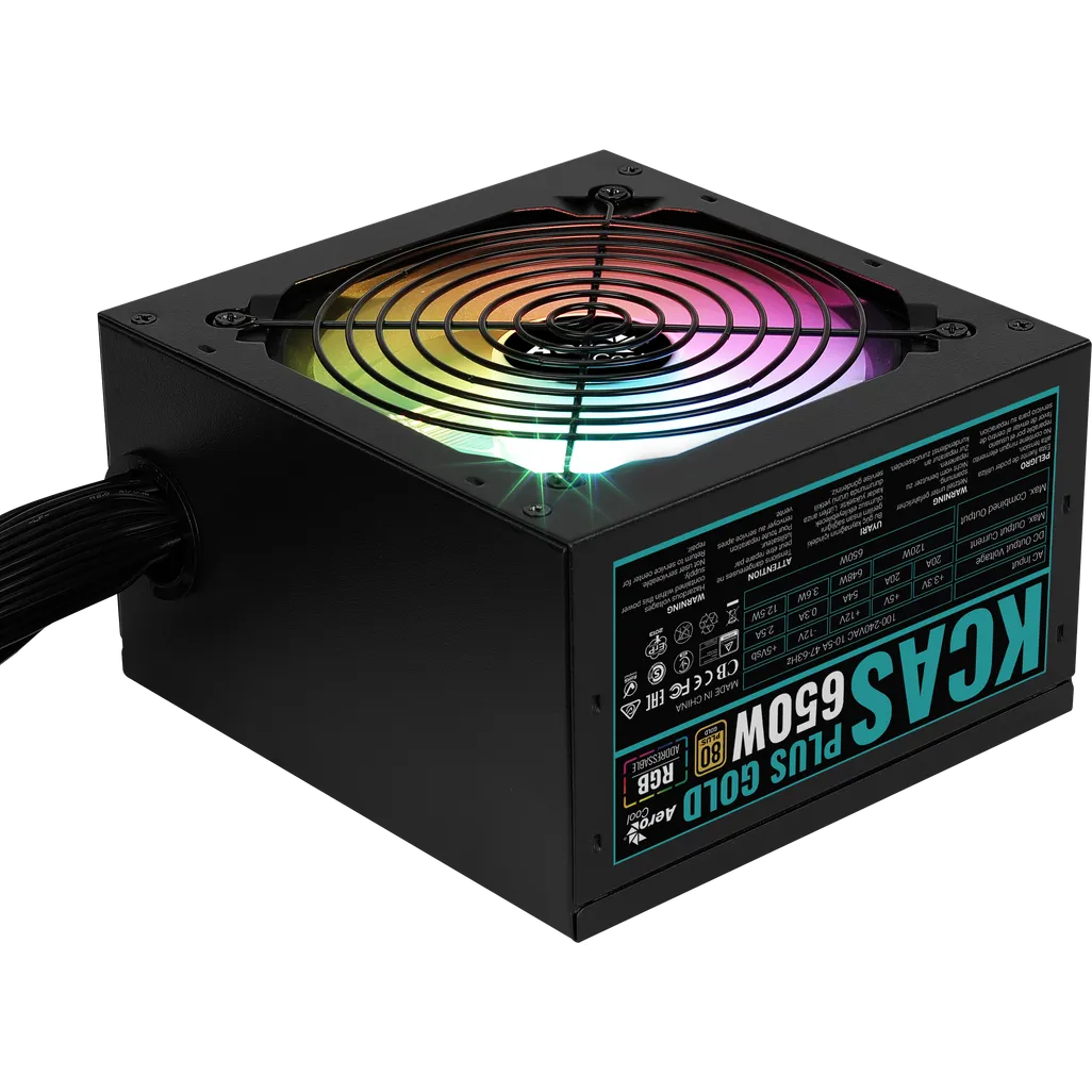 GUNMANSA Aerocool KCAS PLUS Gold 650W RGB PSU - ATX 24 PIN; 2x 4+4PIN CPU; 6x SATA; 3x PATA; 2x PCIe 6+2PIN.