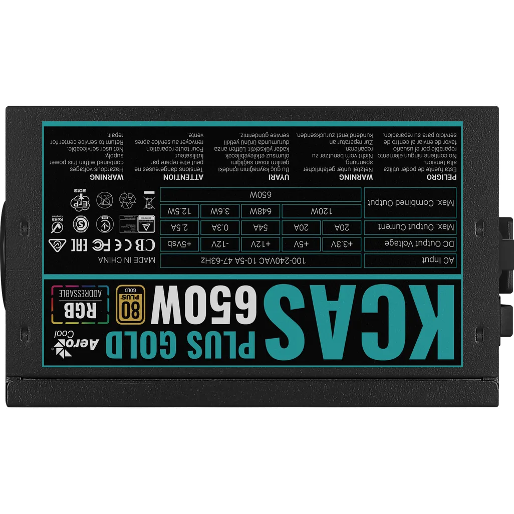 GUNMANSA Aerocool KCAS PLUS Gold 650W RGB PSU - ATX 24 PIN; 2x 4+4PIN CPU; 6x SATA; 3x PATA; 2x PCIe 6+2PIN.