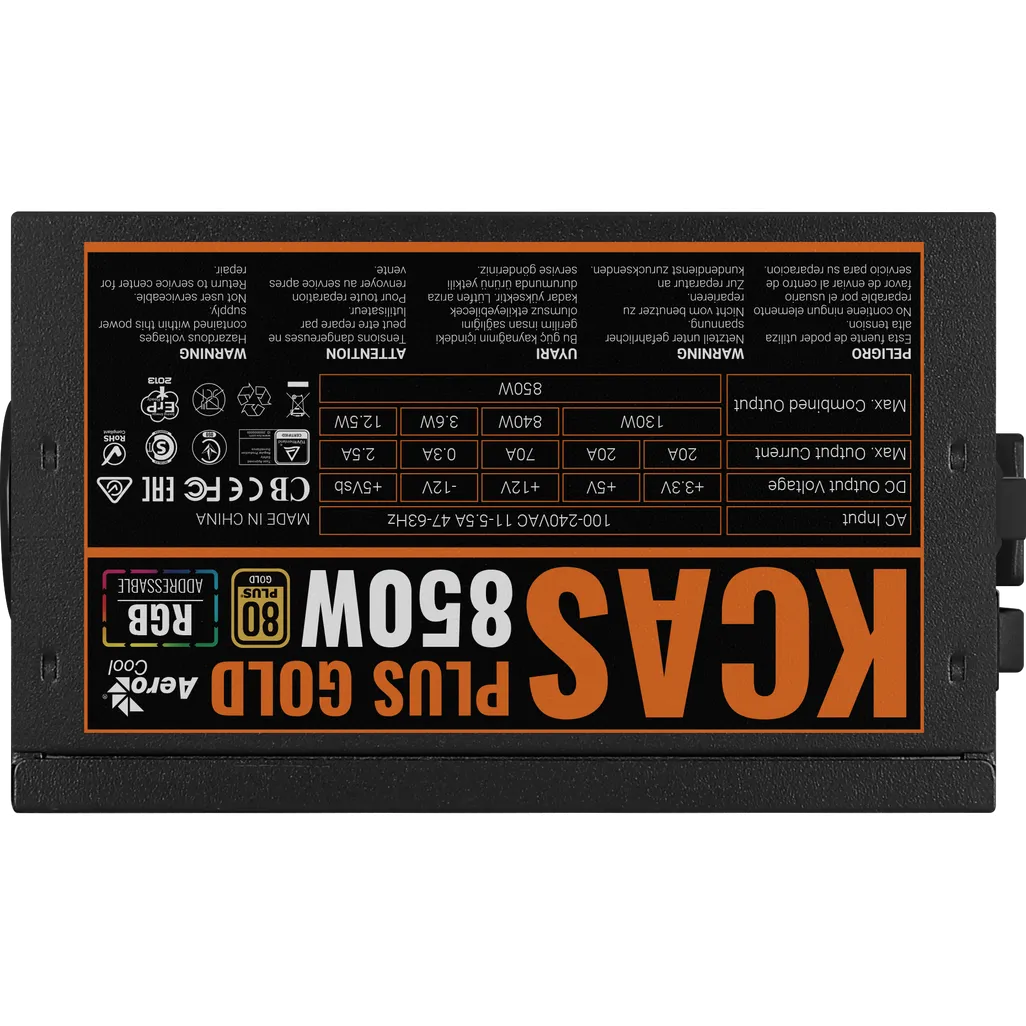 GUNMANSA Aerocool KCAS PLUS Gold 850W RGB PSU - ATX 24 PIN; 2x 4+4PIN CPU; 8x SATA; 4x PATA; 3x PCIe 6+2PIN.