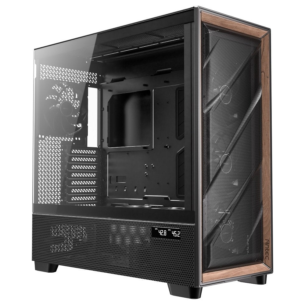 GUNMANSA Antec FLUX Pro, 6 x PWM Fans Included, High-Airflow Front Panel With Walnut Wood, iShift PSU 90 degree Mount, USB3.0 x 2, Type-C, 420mm Radiator Support, Temp. Display, Full-Tower E-ATX PC Case (Black)