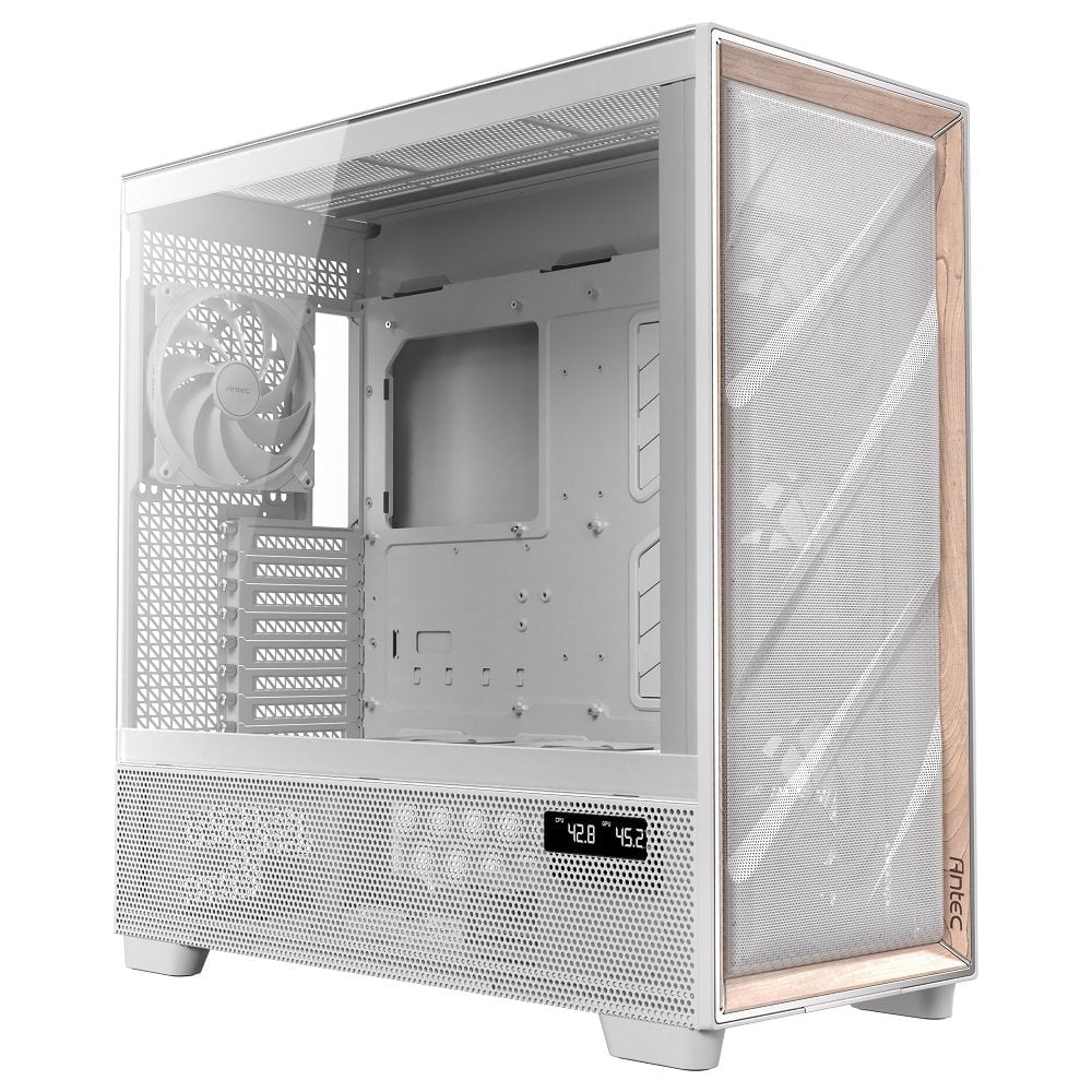 GUNMANSA Antec FLUX Pro White, 6 x PWM Fans Included, High-Airflow Front Panel With Walnut Wood, iShift PSU 90 degree Mount, USB3.0 x 2, Type-C, 420mm Radiator Support, Temp. Display, Full-Tower E-ATX PC Case (White)